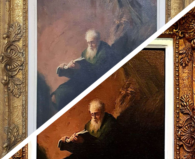 Higienização de pátina do tempo e recuperação da moldura.